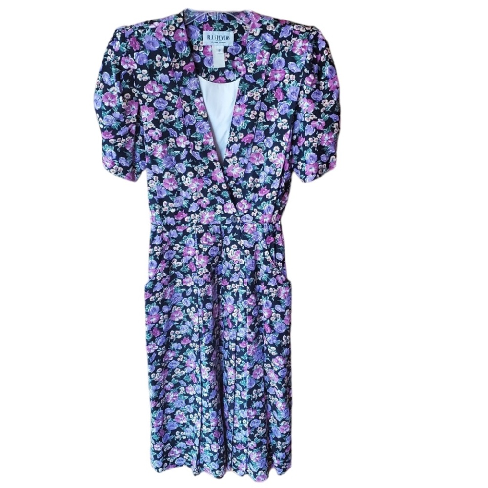 1980s R.J. Stevens‎ Black Multi-Color Floral Dress
